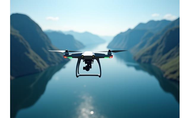 En drone som flyr over et vakkert norsk fjordlandskap, symboliserer fremtidsrettet teknologi og innovasjon i Fjordsyn Media.