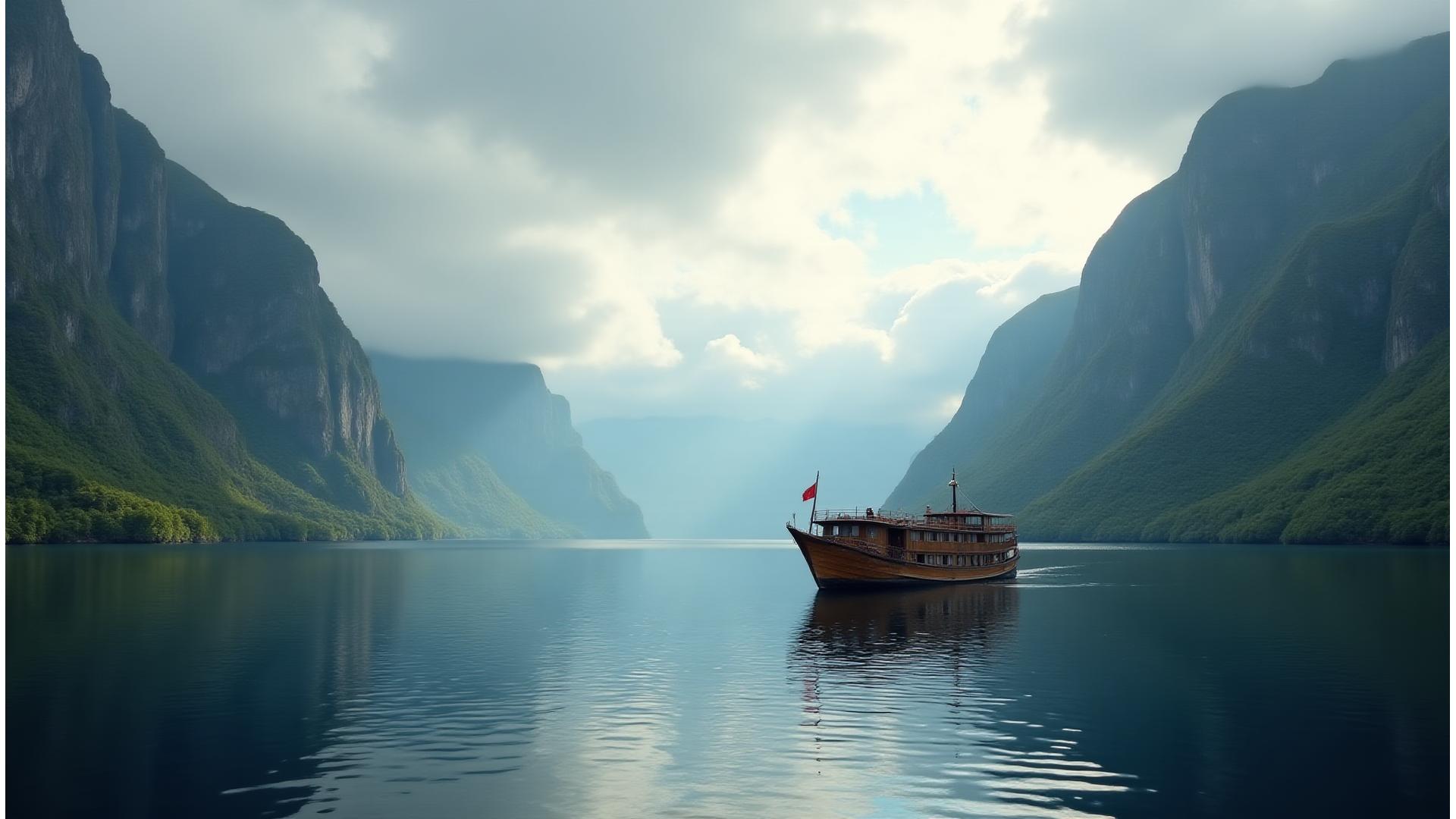 Et storslått bilde av en norsk fjord med et tradisjonelt fiskefartøy, symboliserende norsk kultur og historie i produksjonen.