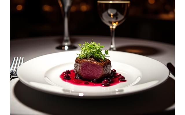 Elegant presentert fine dining rett i svakt opplyst restaurant setting