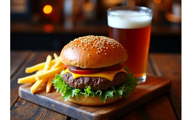 Rustikke retter og kald drikke på et trebord i en gastropub