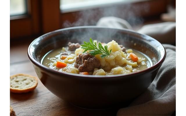 Varm, tradisjonell norsk fiskesuppe i en rustikk bolle