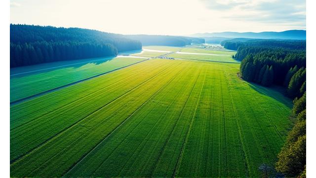 Luftfoto av et frodig grønt jorde i landlige Norge, med termisk bildedata overlagt for jordbruksanalyse.