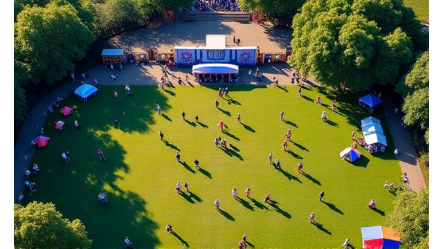 Overblikk over et utendørs musikkarrangement med mange folk samlet, filmet med drone fra høyde.