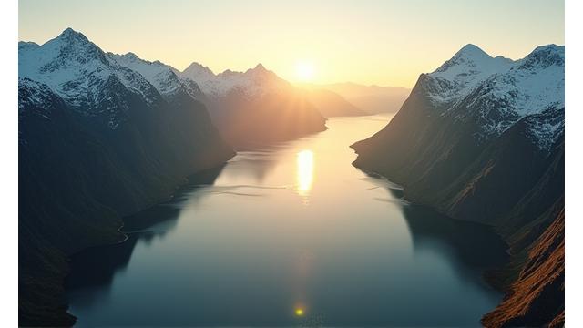 Et majestetisk luftfoto av norske fjorder og fjell i gyllen time, med tåke som henger over vannet.
