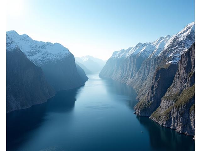 Et vidstrakt luftfoto av en dyp norsk fjord omkranset av høye, snødekte fjell under en klar blå himmel.