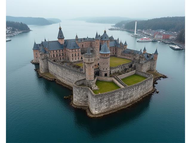 Et luftbilde av Akershus festning i Oslo, viser det historiske slottet og vollområdet ved havnepromenaden under en overskyet himmel.