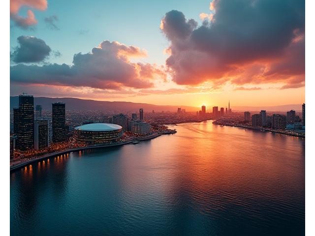 Panoramisk luftfoto av Oslos skyline ved solnedgang, med Operaen og Akershus festning mot et fargerikt himmel.