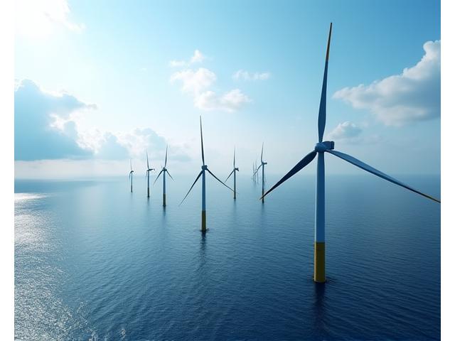 Et dronebilde av et stort vindkraftverk nær kysten, som fanger skalaen av de roterende turbinene med havet og horisonten i bakgrunnen.
