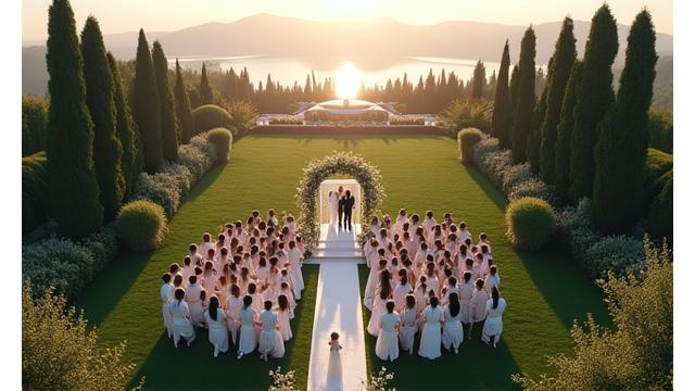 Et romantisk luftfoto av et brudepar som står i en vakker hage, med perspektiv som fremhever arrangementets omfang.