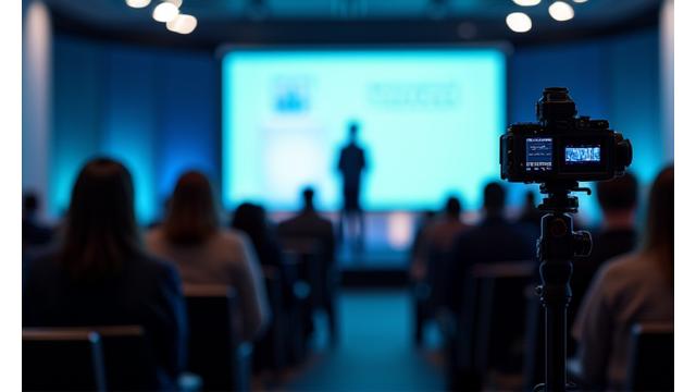Streaming av en konferanse med foredragsholder på scenen og publikum