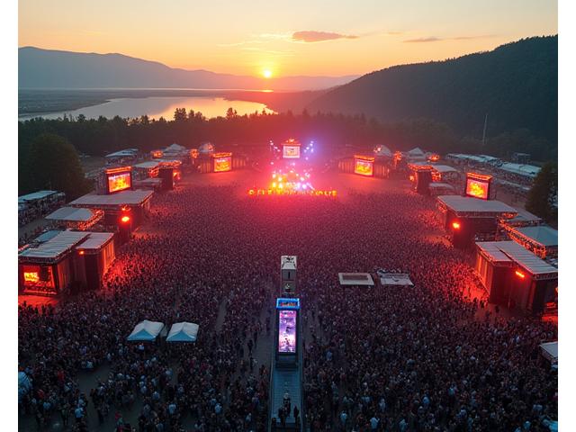Flyfoto over Fjordrock Festival med stor scene og mange mennesker