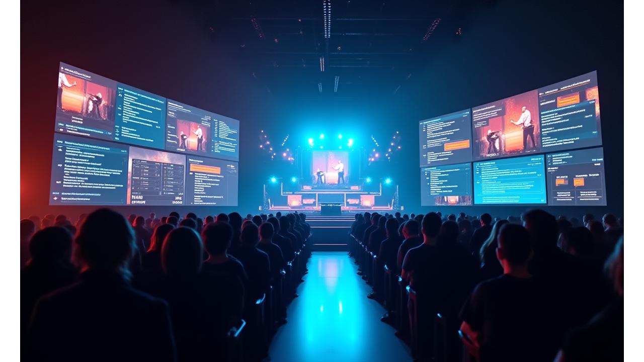 Visuell fremstilling av en live stream sending med publikum som interagerer, vist på ulike skjermer