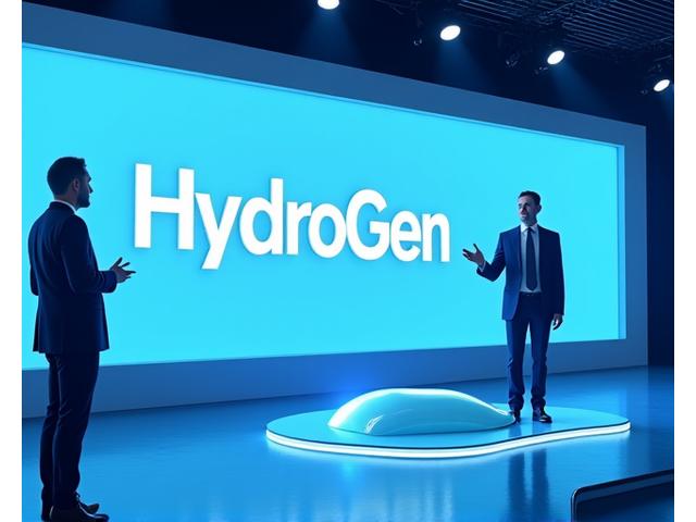 CEO presenterer den nye HydroGen-produkten på en scene med et stort logo i bakgrunnen
