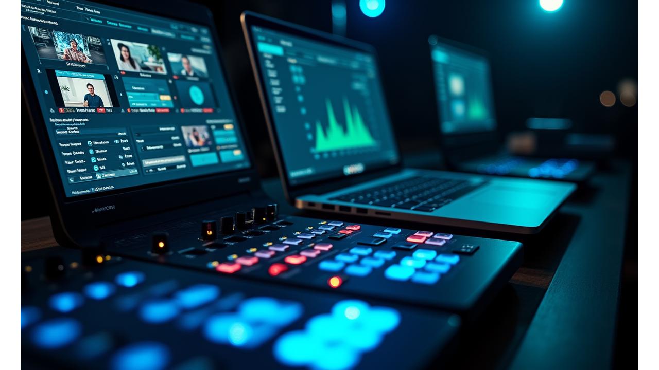 Nærbilde av profesjonelt streamingutstyr og et dashbord med sanntidsdata