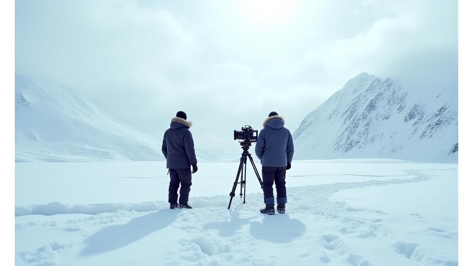 Team filmer i arktisk vinterlandskap i Norge