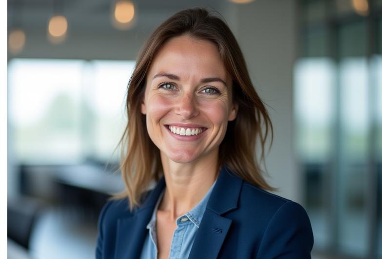 Norsk forretningskvinne i et profesjonelt portrett med naturlig smil, symboliserer tillit og åpenhet.
