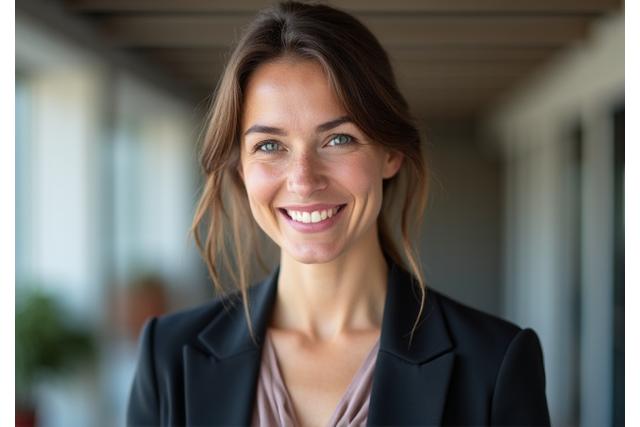 Nærbilde av en kvinne som ser inn i kameraet med et vennlig smil, optimalisert for LinkedIn-profil.