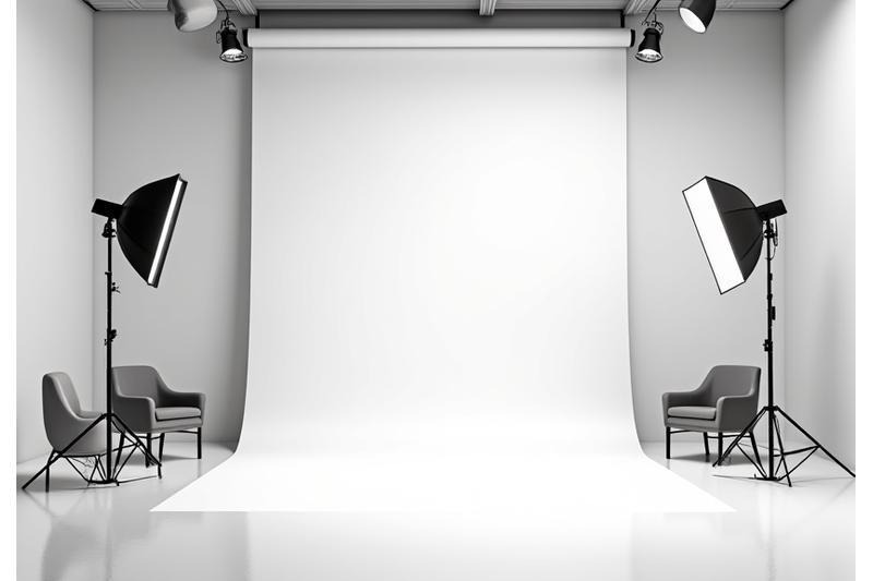 Moderne, lyst fotostudio med profesjonelt lysutstyr og flere bakgrunnsalternativer.