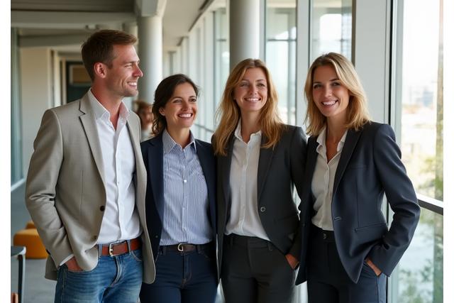 Et team av diverse forretningsfolk som smiler og interagerer, fanget i et dynamisk gruppebilde.