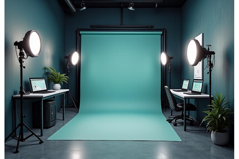 Moderne videostudio optimalisert for vertikal video, med elegant belysning og varierte bakgrunner.